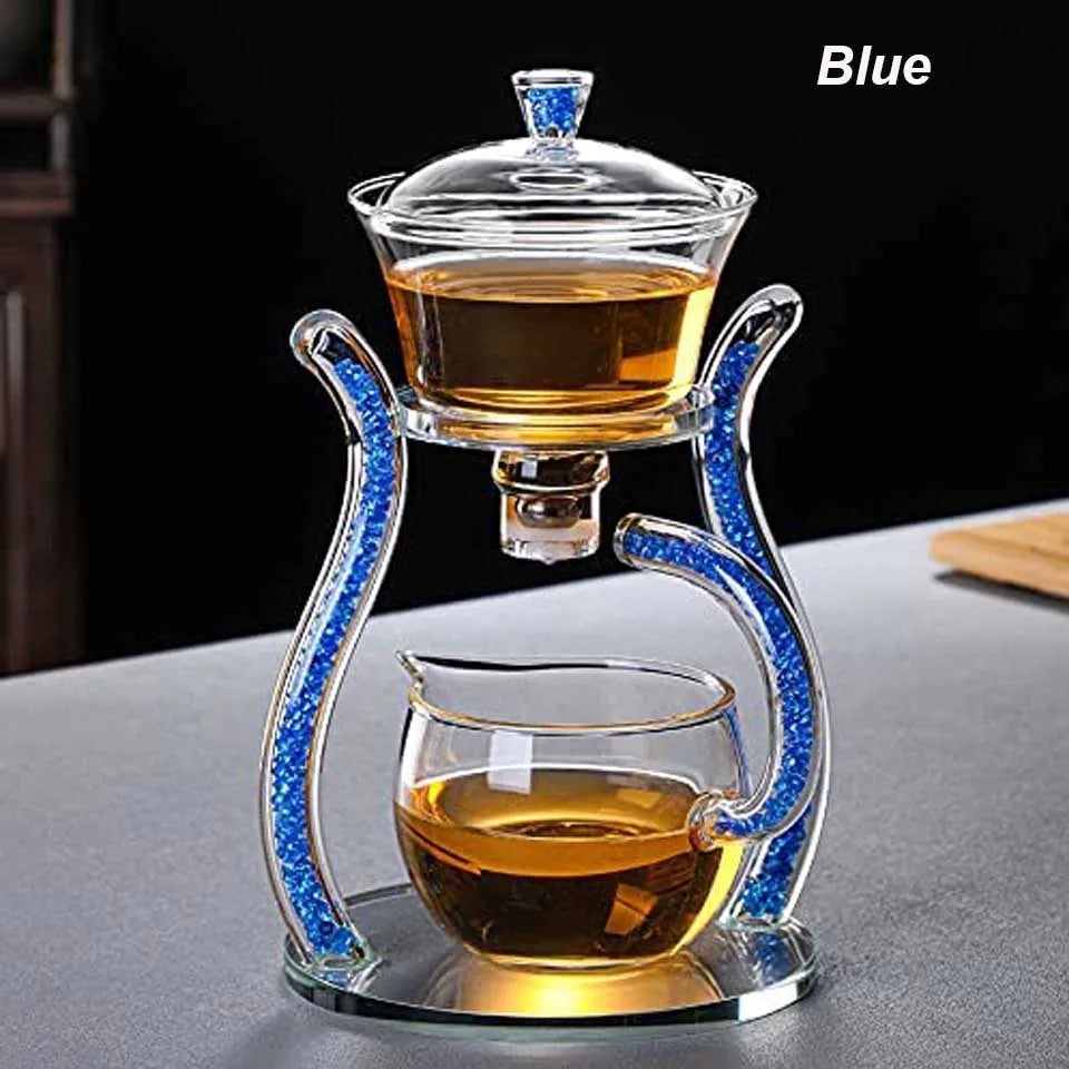 Glass Automatic Lazy Tea Set  Crystal Glass Teapot Set Rotating Cover Kung Fu Heat-Resistant Teapot 6 Cups
