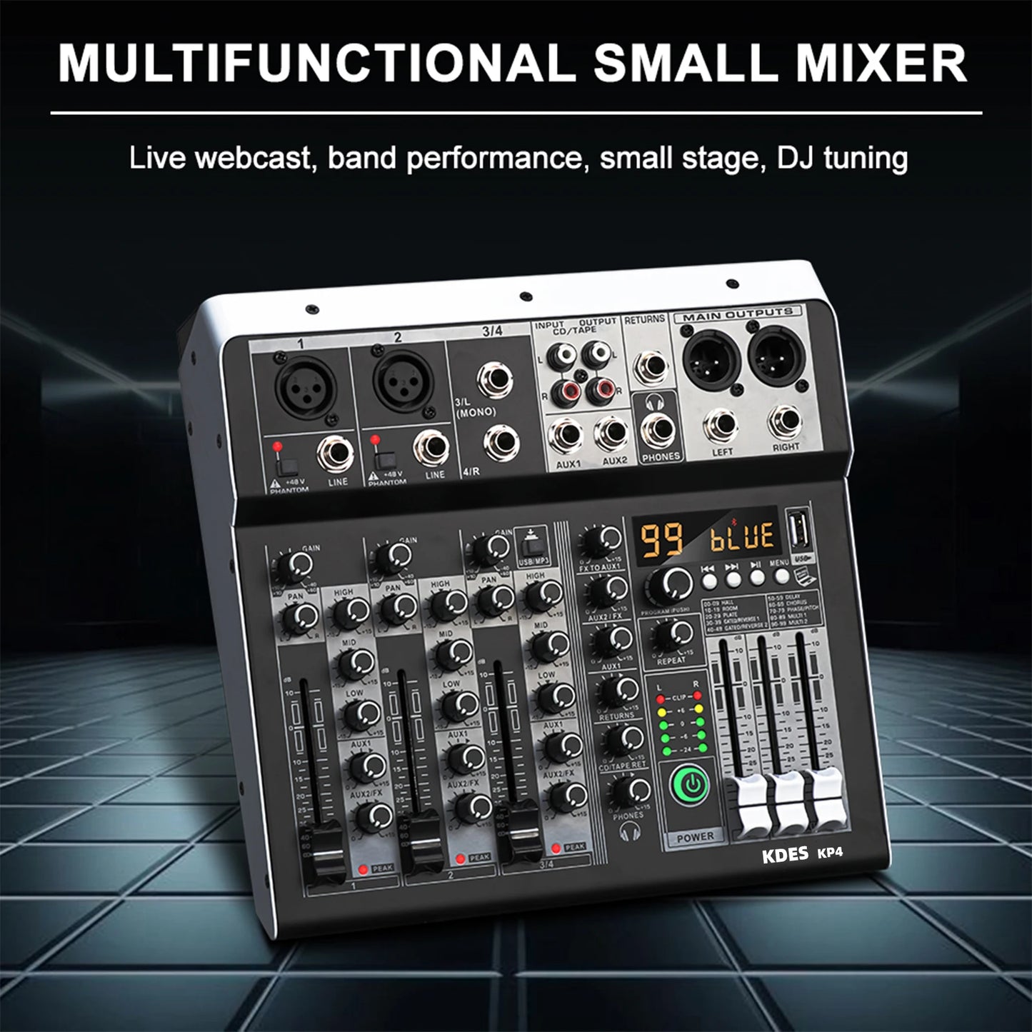 KDES KP4 Audio Mixer 4 Channel 99 DSP Effect Record PC 48V Phantom Power USB Sound Mixers Bluetooth DJ Console Mixing for Karaok