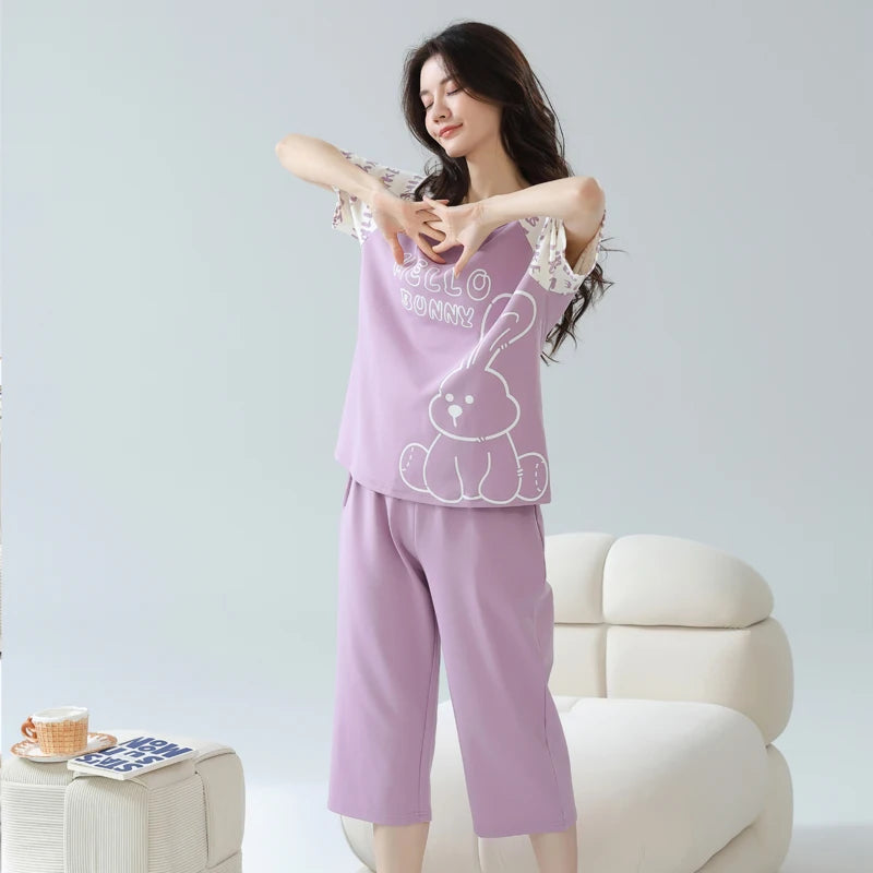 2-Pcs Women’s Cotton Pajama Set – Breathable Short Sleeve Summer Sleepwear with Cute Prints