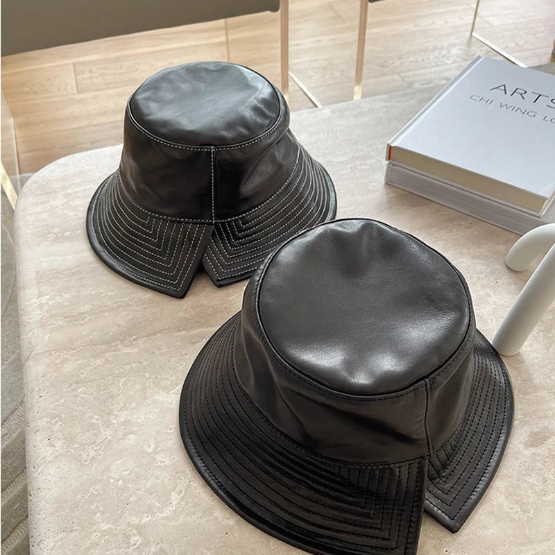 Novelty Female White Line Genuine Leather Big Brim Fisherman Caps Korean Fashion Lambskin Split Basin Sombreros