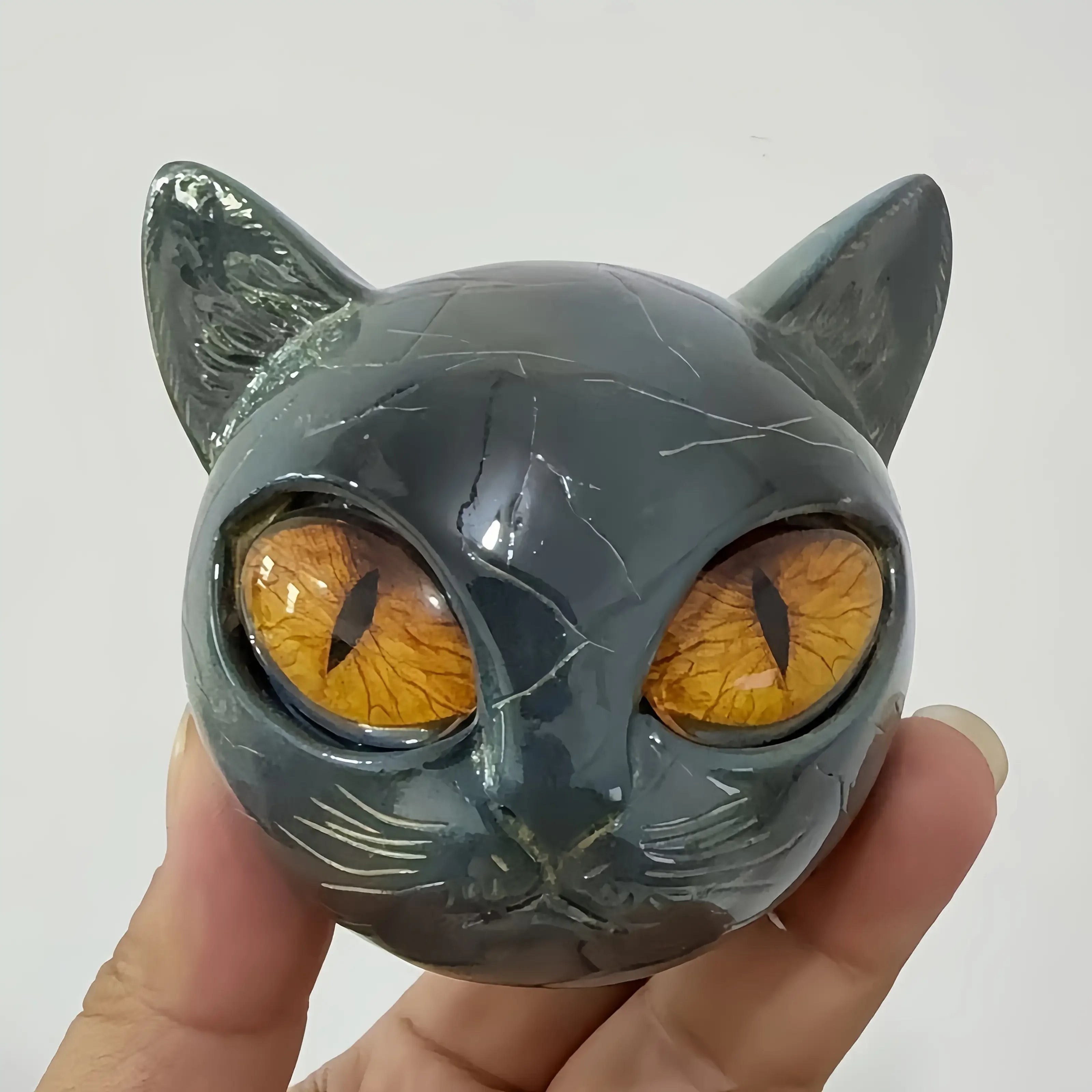 Cat Head Statue - Elegant Marble-like Glossy Resin Sculpture with Golden Eyes & Black Marble Texture,Desktop Decor for Home/Offi
