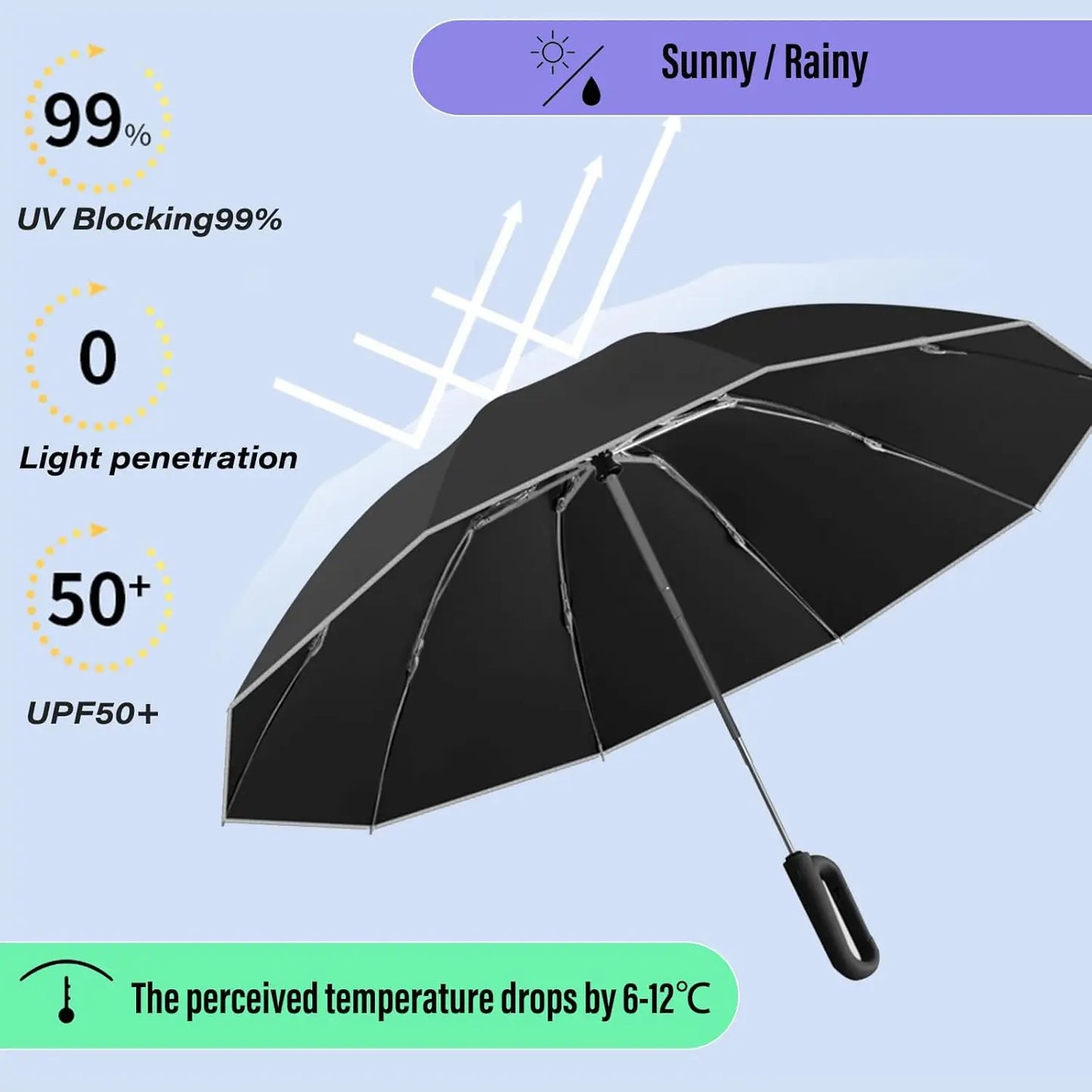 Ring Buckle Automatic Umbrella: Reflective Safety Strip，Reverse Folding, Lightweight Compact Travel Portable