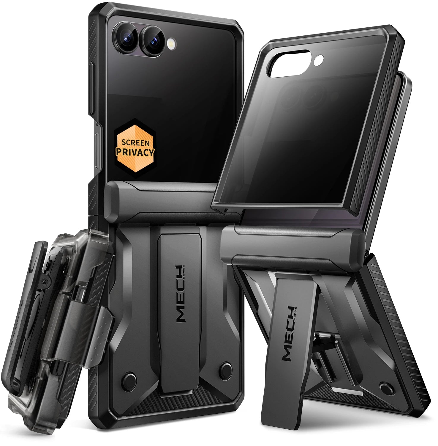 For Galaxy Z Flip 7 Case with Kickstand & 360° Rotatable Belt-Clip Built-in Privacy Screen Protector Hinge Protection Phone Case