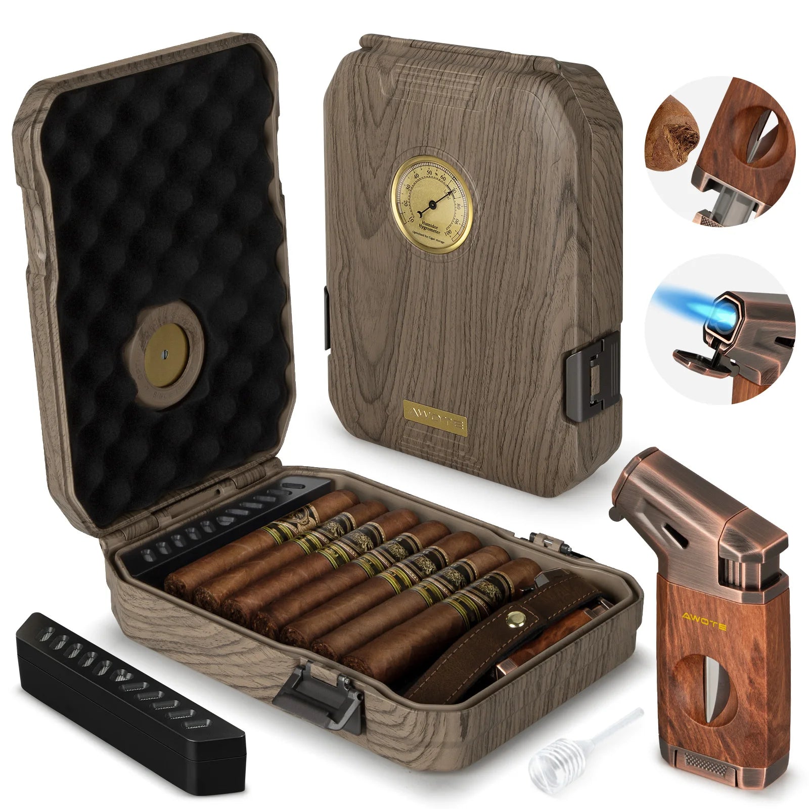 Travel Cigar Humidor with Cigar Lighter, Cedar Wood, V Cut Cutter, Portable Cigar Humidor with Humidifier & Hygrometer