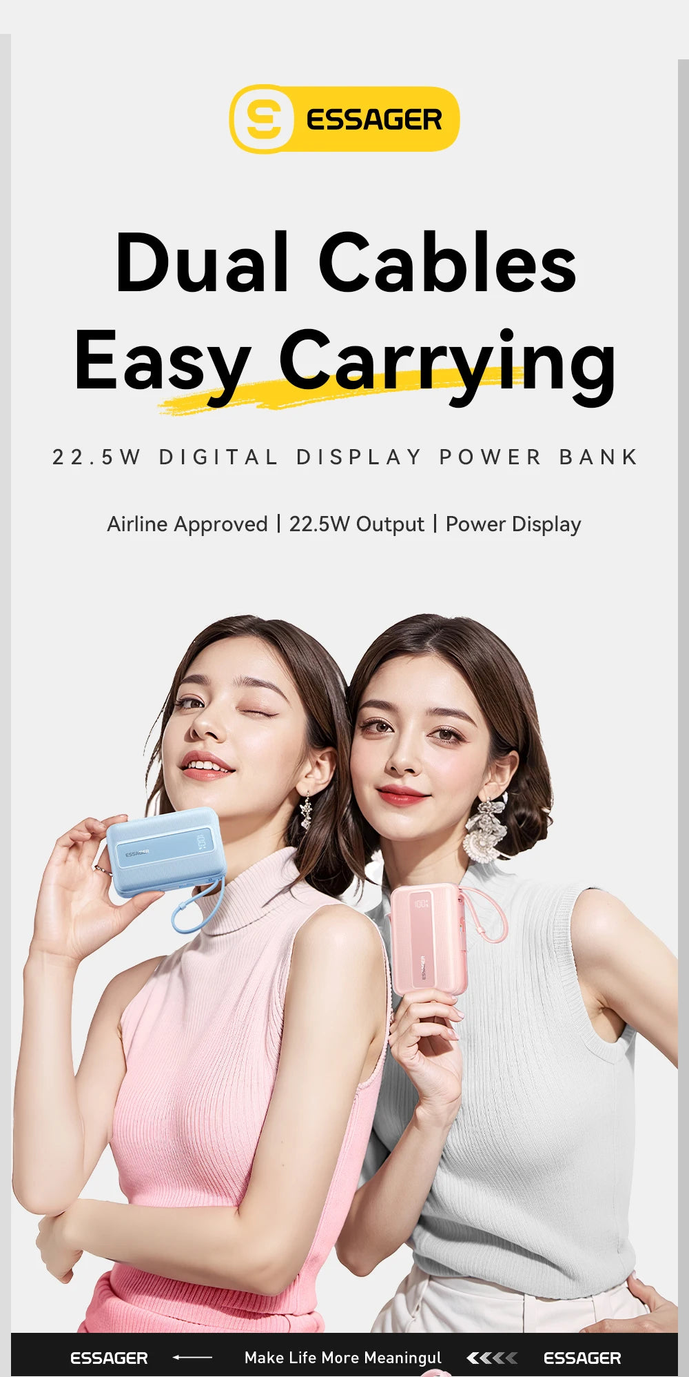 20000mAh Mini Power Bank 22.5W PD Fast Charging Portable Charger with Built-in Cables & Digital Display