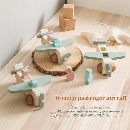 Wooden Pushplane With Animal Toys Detachable Model Montessori Toys Hand-brain Coordination Exercise Plaything Baby Handmade Gift