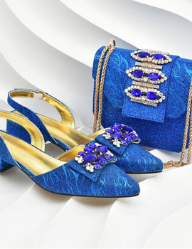 Women Shoes and Bags To Match Set Italy Lady Crystal Low Heels Pointed Toe Party Shoe and Bag African Women Ladies Wedding Pumps