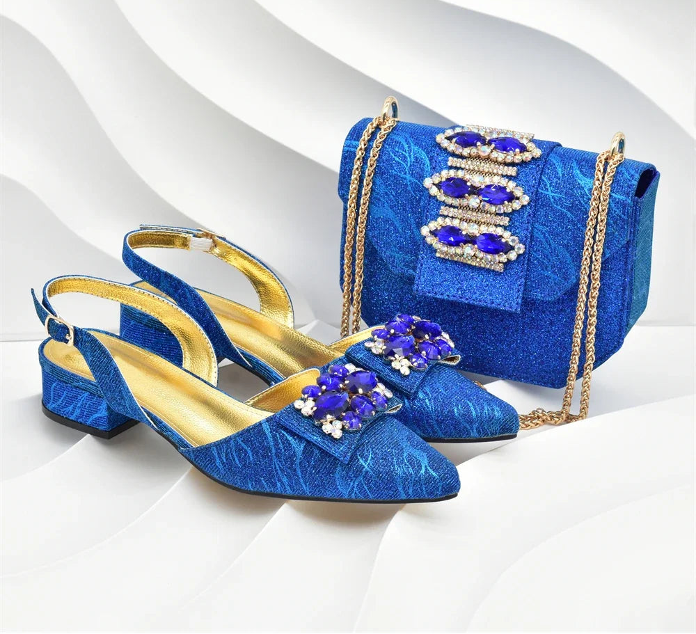 Women Shoes and Bags To Match Set Italy Lady Crystal Low Heels Pointed Toe Party Shoe and Bag African Women Ladies Wedding Pumps