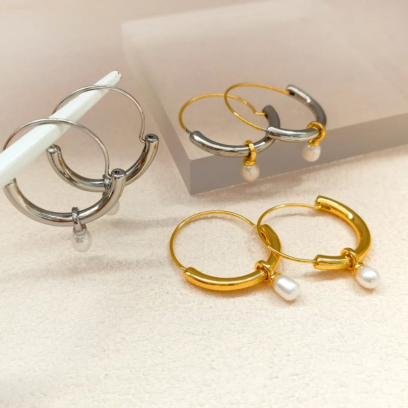 Modern Jewelry Cool Metal Hoop Earrings Trend New High Quality Small Pearl Dangle Drop Earrings