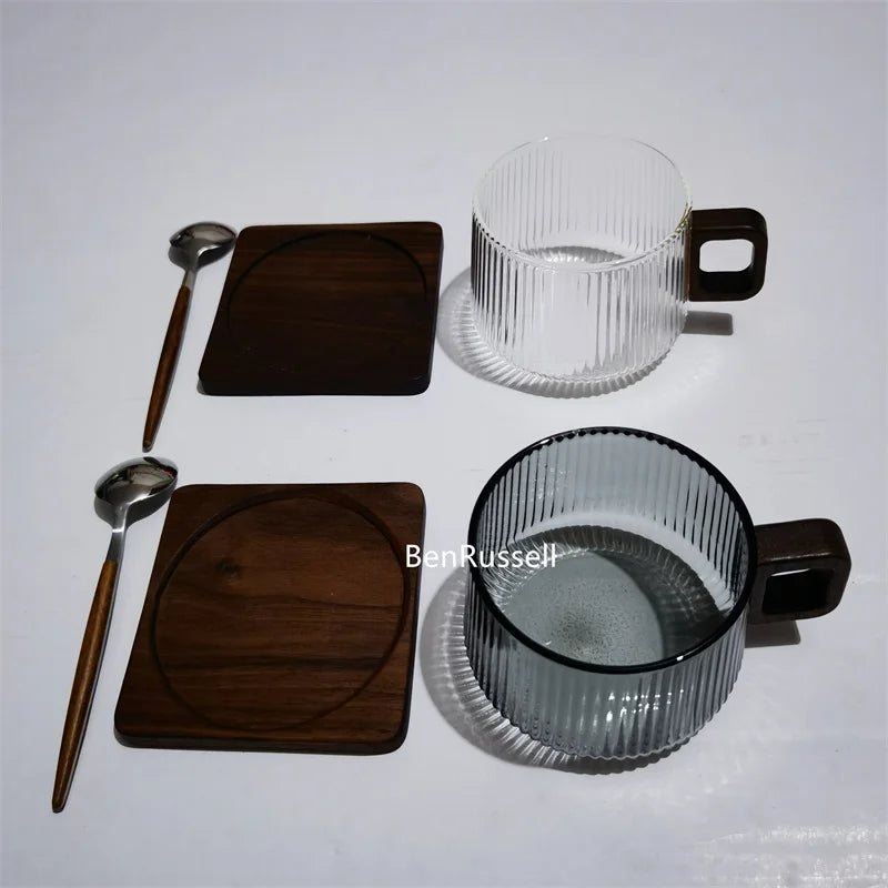 300ml Heat-resistant Stripe American Latte Glass Coffee Mug With Wooden Tray Spoon Milk Tea Cup Fresh Ground Coffee Cup