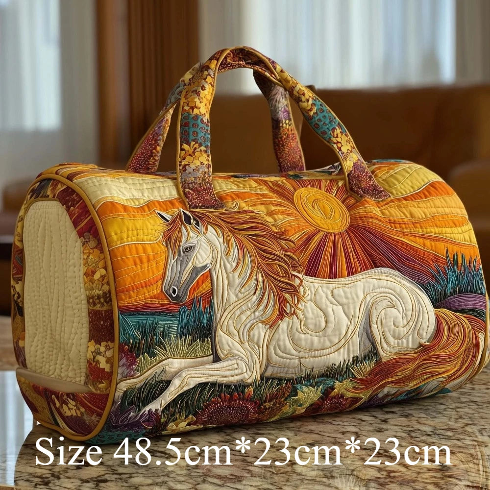Western Style 3D Quilted Tote Bag Running Horse Cactus Boho Print Travel Purse Handmade Shoulder Bag Large Capacity Carry-On Bag