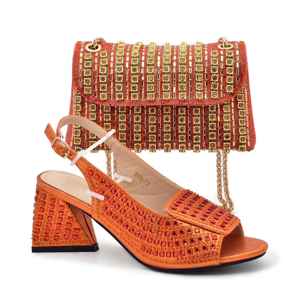 Nigerian Women's Purple Color Mid Heels Frosted Crystal Shiny Rhinestone Party Itaian Design Peep Toe Shoes and Bag Set