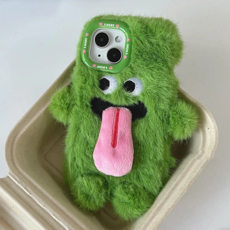 INS Couple Fur Monster Kiss Tongue Case For iPhone 16 15 14 13 Pro Max Korea Cute Cartoon Gift Anti-Drop Soft Back Cover