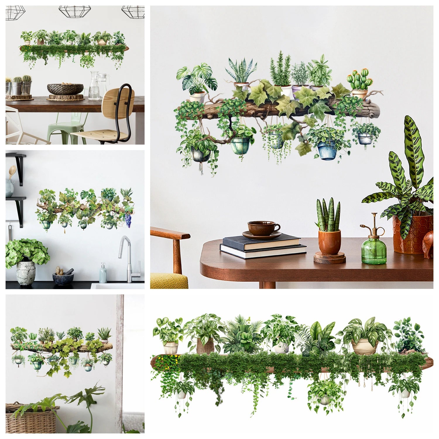 Green Vine Dill Leaves Flower Hanging Basket Wall Stickers Bedroom Dining Living Room Kitchen Green Plant Home Decor Wall Decals