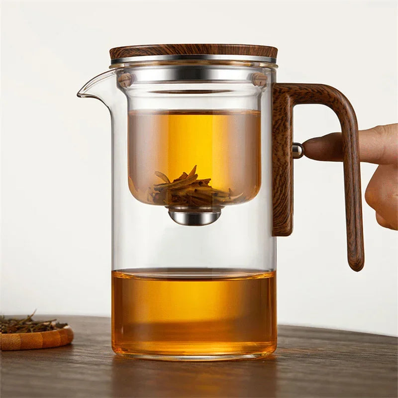 One Click  Switch Tea Separation Filtration Glass Tea Pot Wood Handle Tea Water Separation Inner Container Teapot