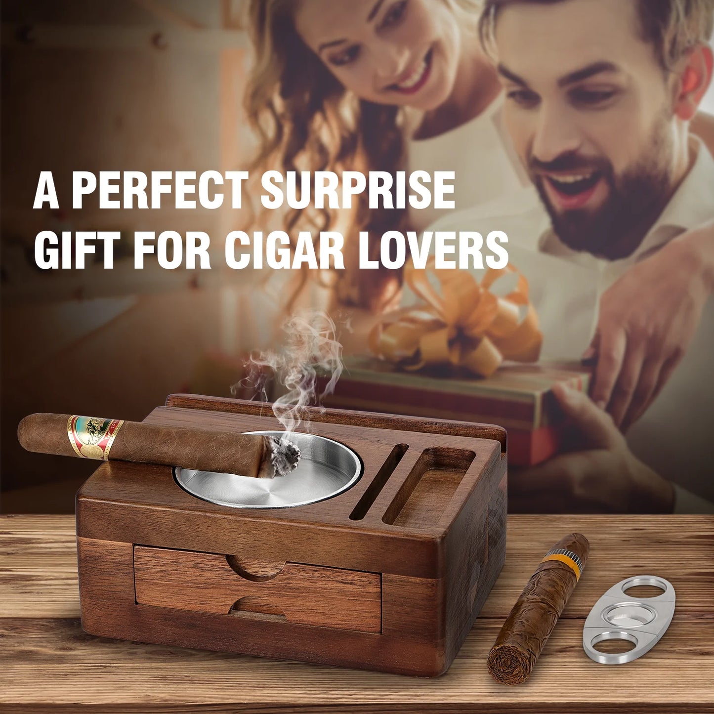 Cigar Ashtray Wooden Cigar Ashtray with Drawer, Cigar Cutter, Phone Holder, Tablet Accessories