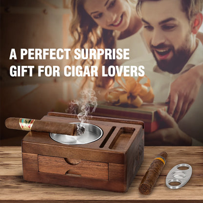 Cigar Ashtray Wooden Cigar Ashtray with Drawer, Cigar Cutter, Phone Holder, Tablet Accessories