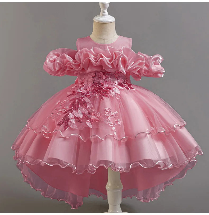 Luxury Off-Shoulder Gown with Train for Girls  Tulle Dress for Fashion Walk Show & Pageants