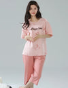 2-Pcs Women’s Summer Cotton Pajama Set – Short Sleeve Top & Calf-Length Pants with Cute Prints