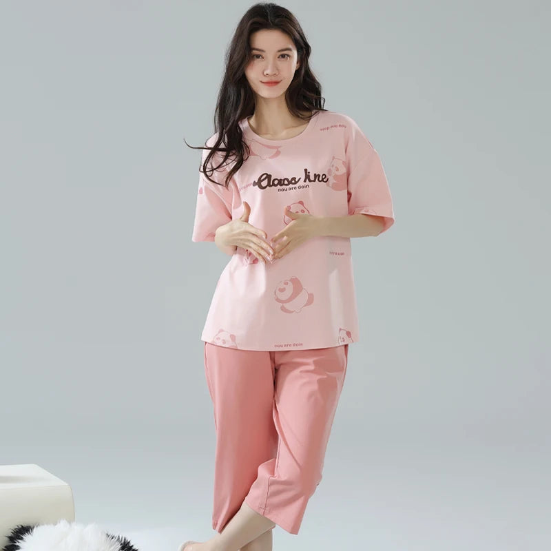 2-Pcs Women’s Summer Cotton Pajama Set – Short Sleeve Top & Calf-Length Pants with Cute Prints