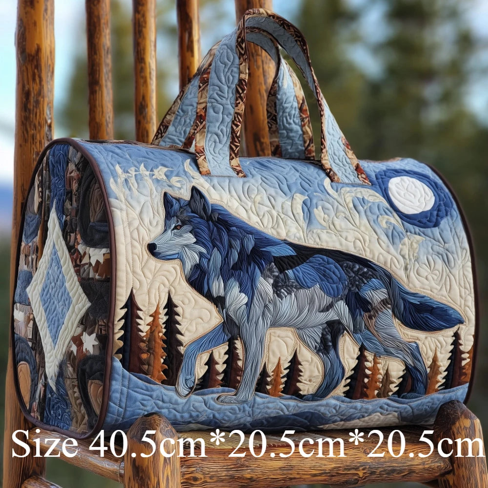 Quilted Wolf Feather Travel Duffel Bag 3D Printed Tribal Spirit Animal Lightweight Carry-On Weekender Bag for Adventure Gym