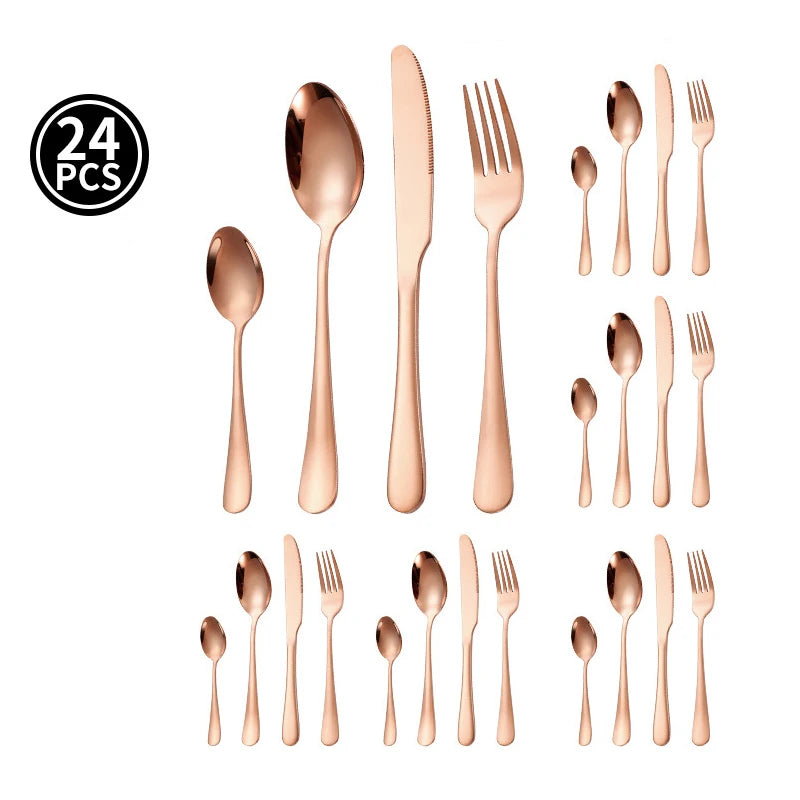 24pcs Golden Tableware Set Light Luxury Stainless Steel Cutlery Fork Knife Spoon Dinnerware Set Minimalist Decor with Gift Box
