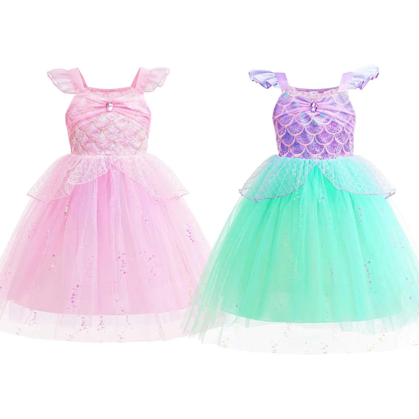 Sparkle Mermaid Princess Dress with Flutter Sleeves Sequin Tulle Party Costume