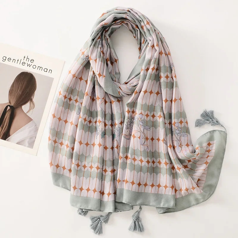 Beige Coffee Scarf Luxury Thin Women Scarves Spring Floral Hijab Veils Soft Cotton Shawl Wrap Tassel Viscose Muslim Woman Hijab