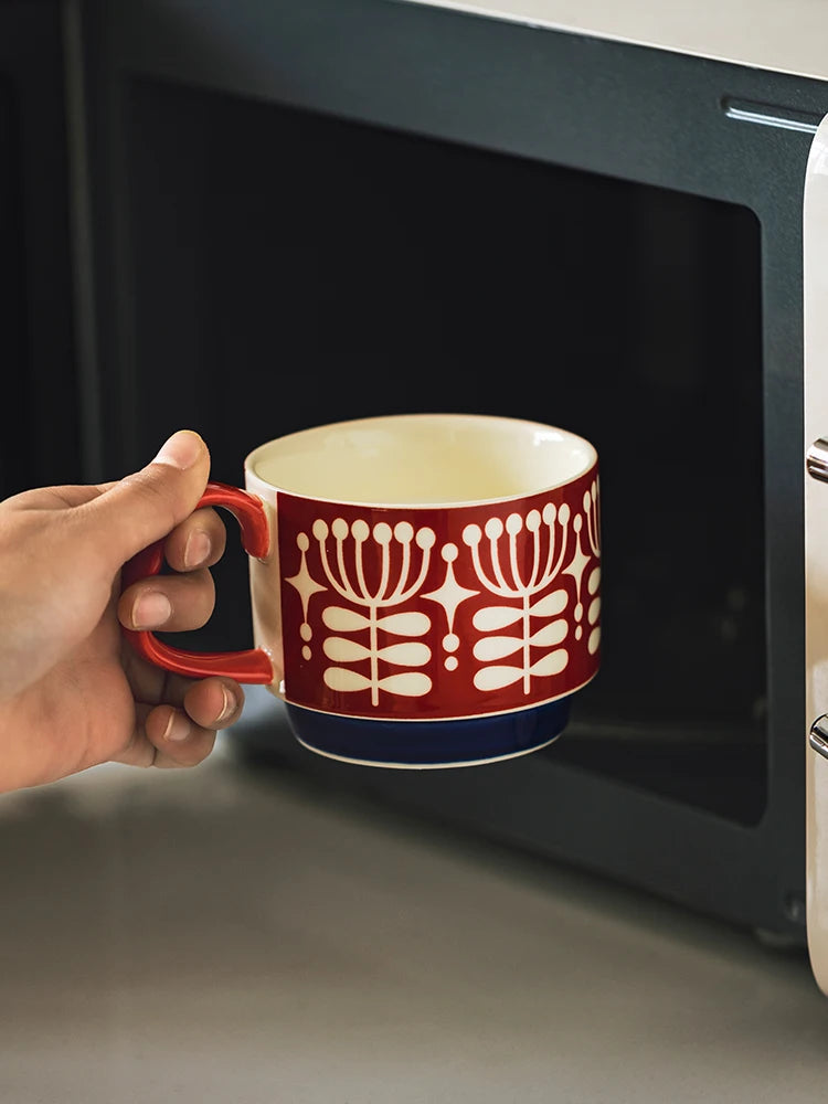 Japanese Flower Coffee Mug Set Retro Ceramic Milk Oats Mug Office Water Handgrip Cup Kitchen Party Drinkware Set 300ml