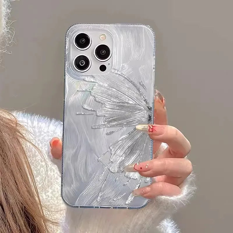 For iPhone 14 15 16 17 Pro Max Case Luxury Laser Silver Butterfly Phone Case for iPhone