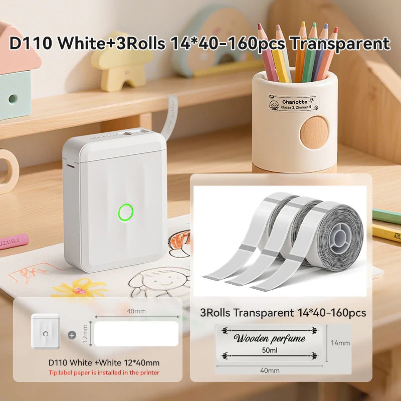 D110 Mini Thermal Label Printer, Bluetooth Portable Smart Label Maker 12–15mm, Inkless Sticker Printer for Home Office Kitchen School