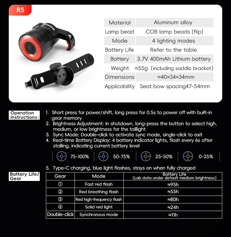 Smart Brake Sensing Bike Taillight IPX6 Waterproof Type-C Synchronized Bicycle Rear Light MTB Road Cycling Tail Light