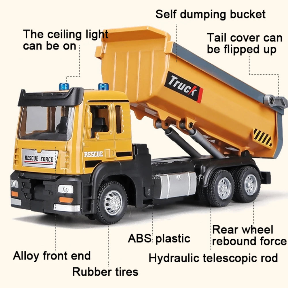 1/50 Scale Tipper Truck Alloy Diecast Toy Model Dump Engineering Transport Truck Sound Light Pull Back Collection Gifts