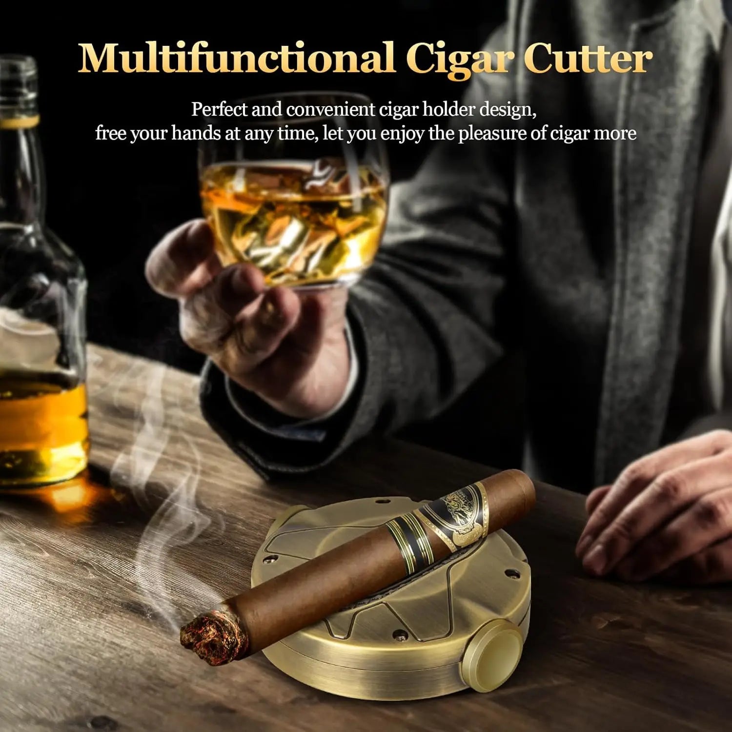 3-1 Cigar V Cutter with Stainless Steel Blade, Cigar Holder and Decompression Rotator, Round Cigar Cutter Ergonomically Designed