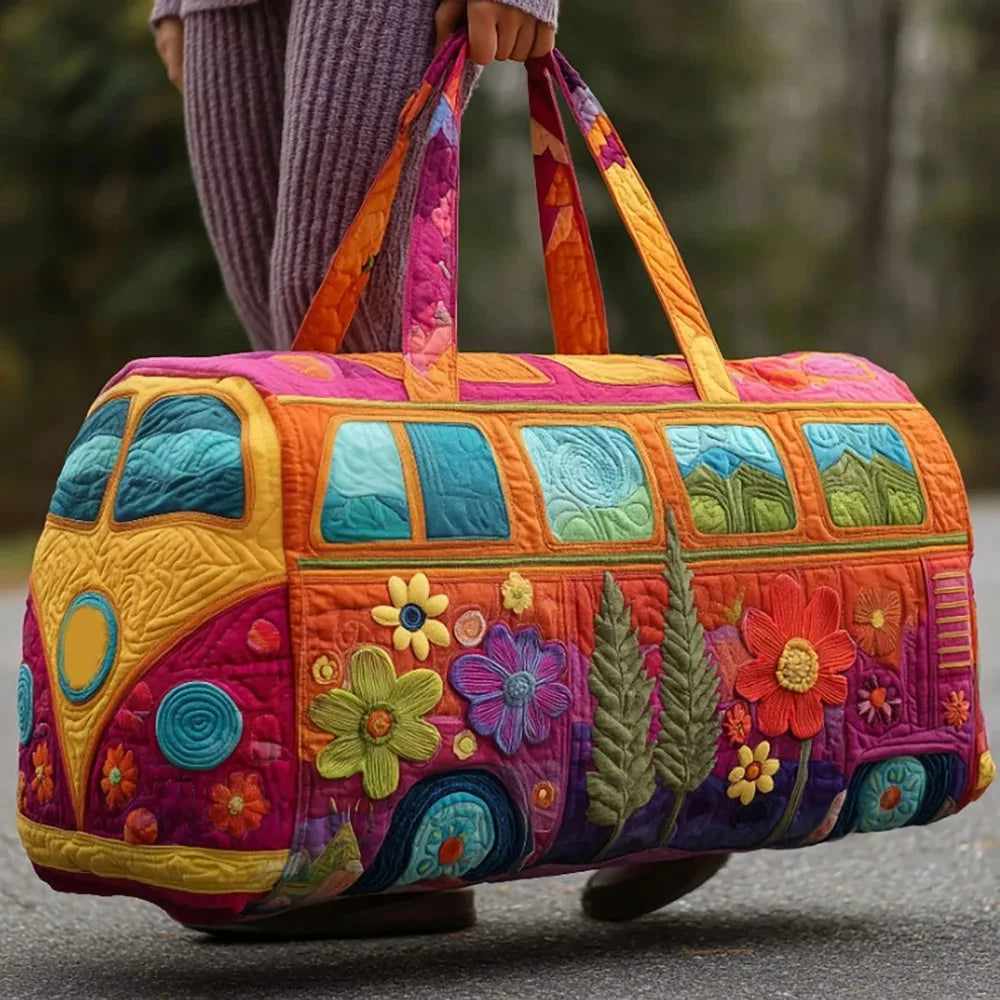 Hippie Van Quilted Travel Duffle Bag Boho Floral Weekender Gym Tote