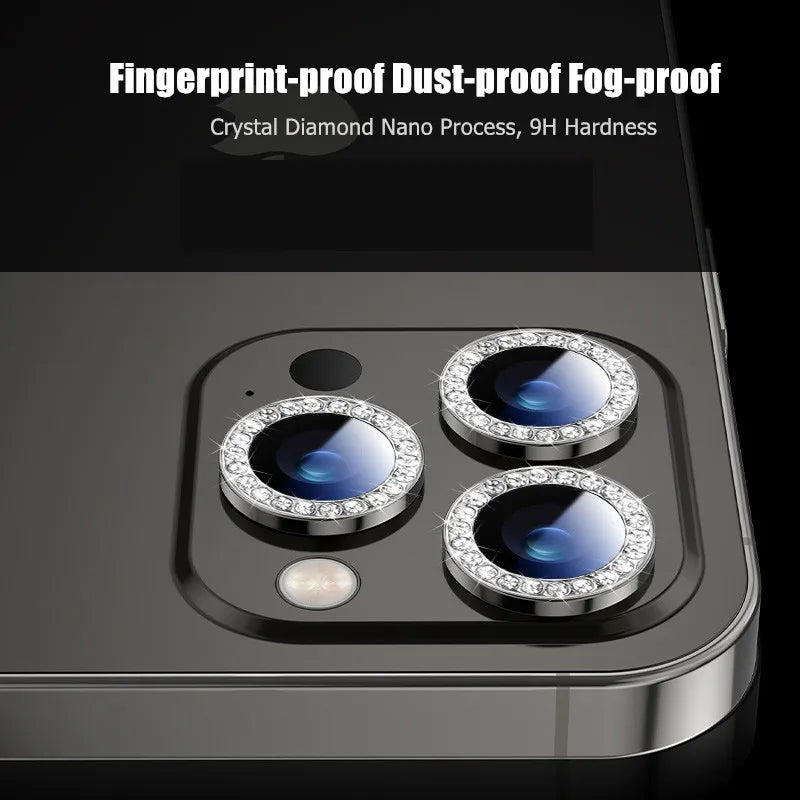 Glitter Diamond Rhinestones Metal Ring Camera Tempered Glass For iPhone 15 11 12 13 14 Pro Max Plus Lens Protector Full Cover