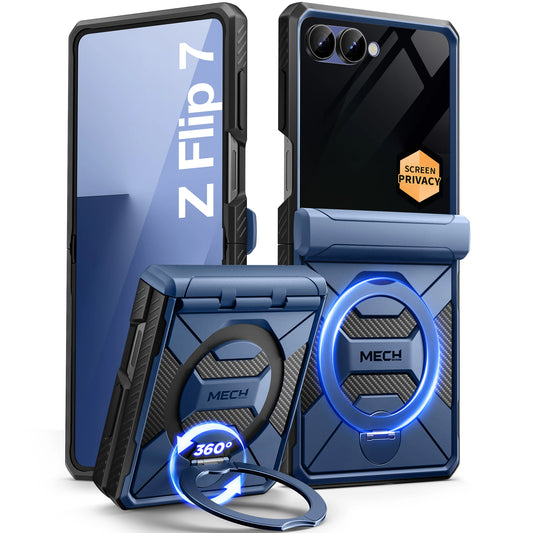 For Samsung Galaxy Z Flip 7 Case with 360° Spin Ring Stand Built-in Privacy Screen Protector Full-Body Shockproof Cover