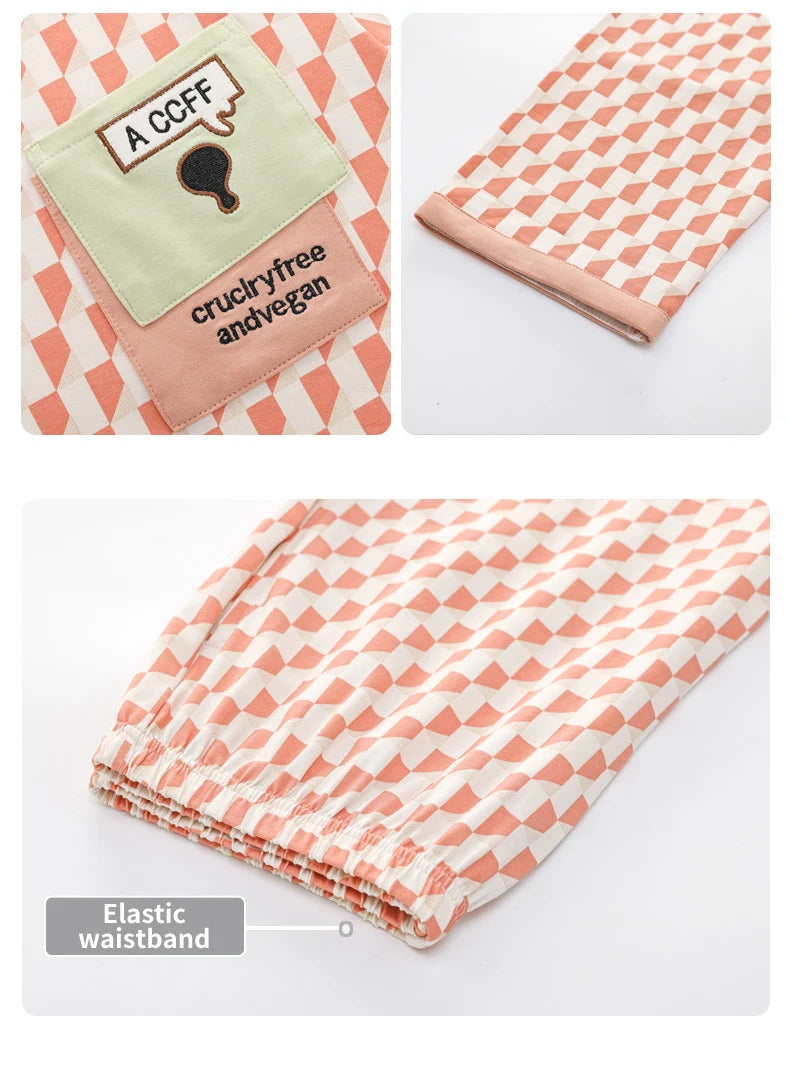 Women’s Winter 100% Cotton Pajama Set – Loose Fit, Turn-Down Collar, Long Sleeves, Cute Pink