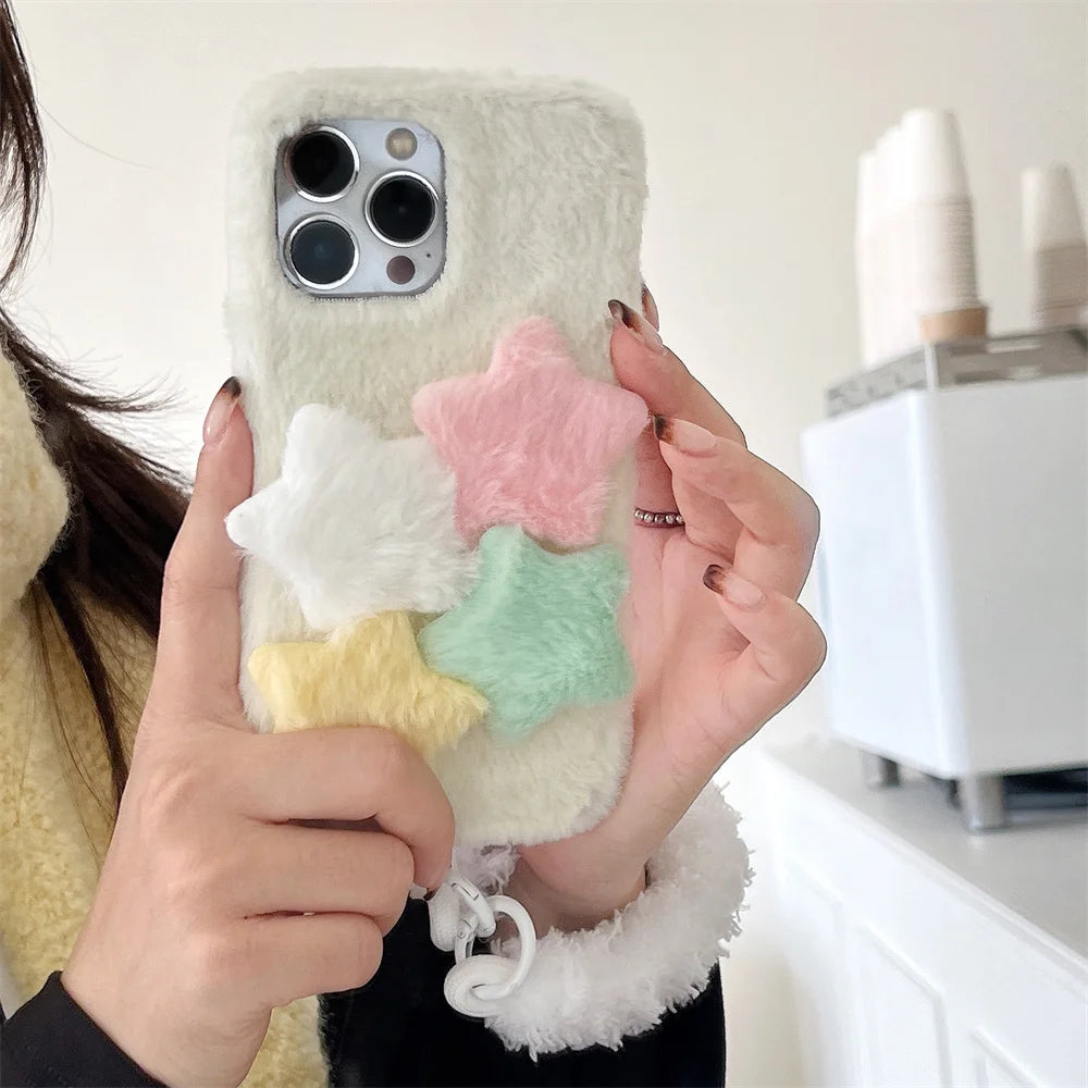 INS Cute Furry Star Strap Phone Case For iPhone 16 15 13 14 Pro Max Plus Lovely Lanyard Soft Aesthetic Silicone Back Cover