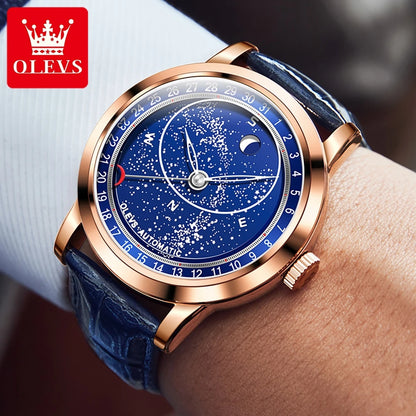 Automatic Mechanical Watch Rotate Moon Phase Diamond Dial Luminous Waterproof Blue Leather Strap Men's Wristwatch