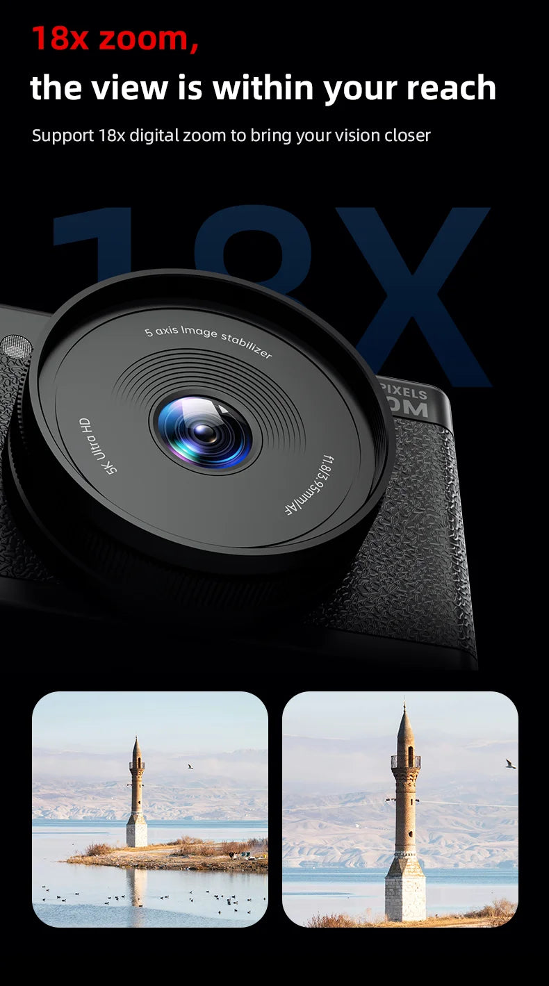 5K 80MP Digital Camera with 6-Axis Stabilization, 270° Flip Screen & 18X Zoom for Vlogging Photography