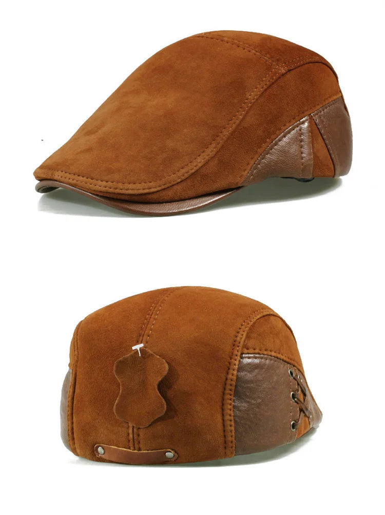 European Style Genuine Leather Caps Beret Man Casual Sheepskin Suede Fitted Duckbill Hats Male