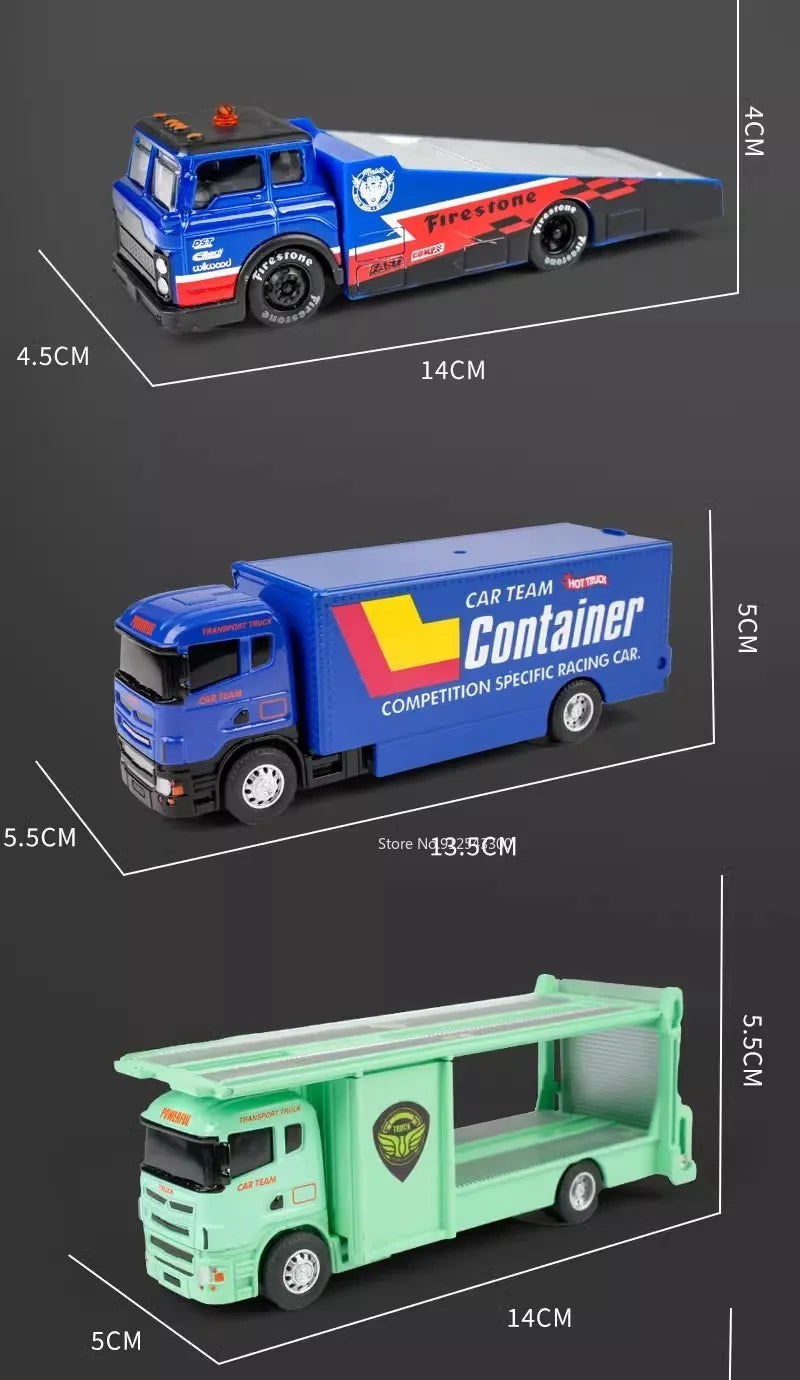 Scale 1:64 Container Alloy Trailer Model Toy Car Diecast Metal Movable Joint Pull Back Rescue Engineering Vehicles Gifts for