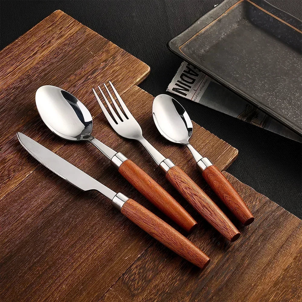 4pcs Wooden Handle Cutlery Set Stainless Steel Knife Fork Spoon Suit Sapele Wooden Western Flatware Dishwasher Safe Kitchen Item