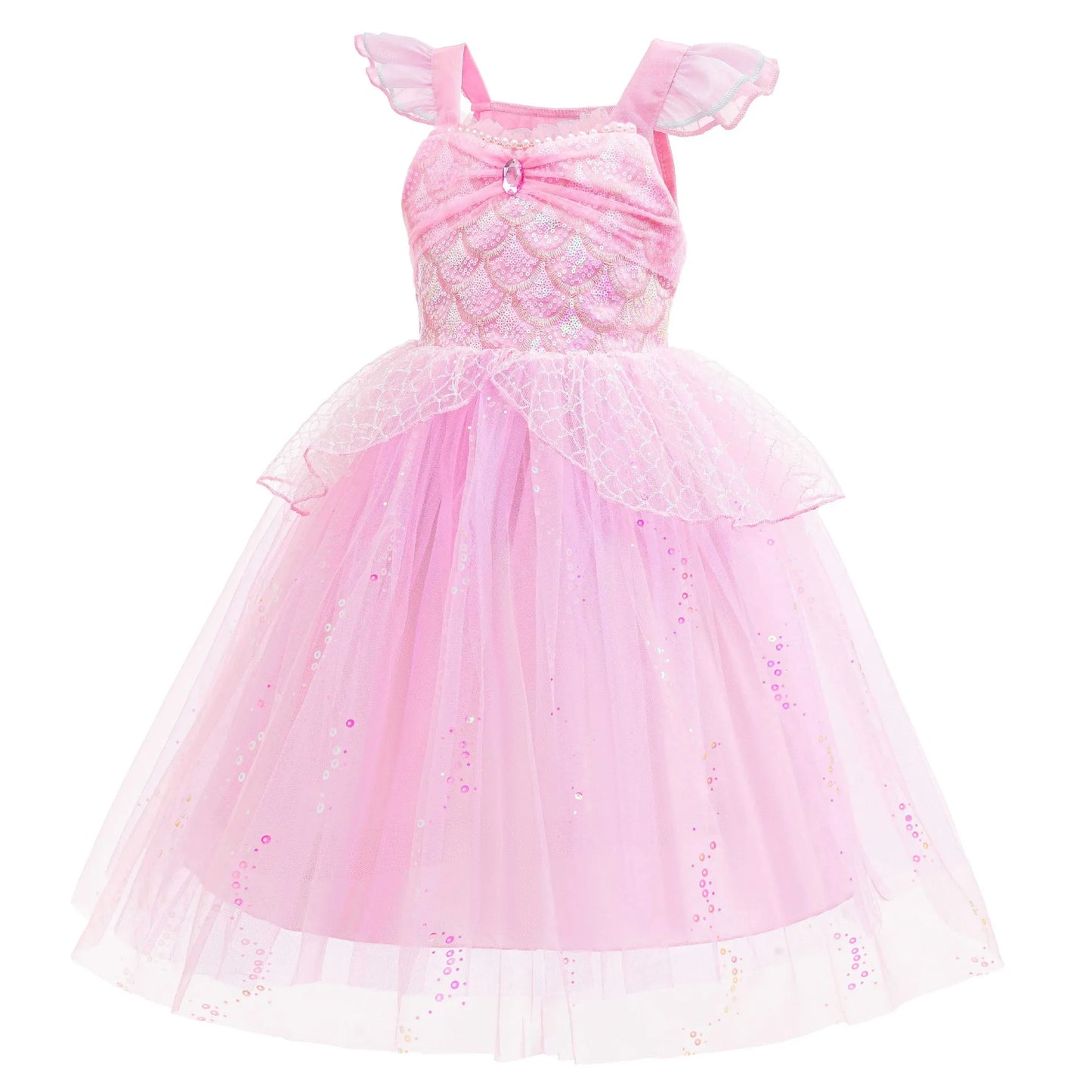 Sparkle Mermaid Princess Dress with Flutter Sleeves Sequin Tulle Party Costume