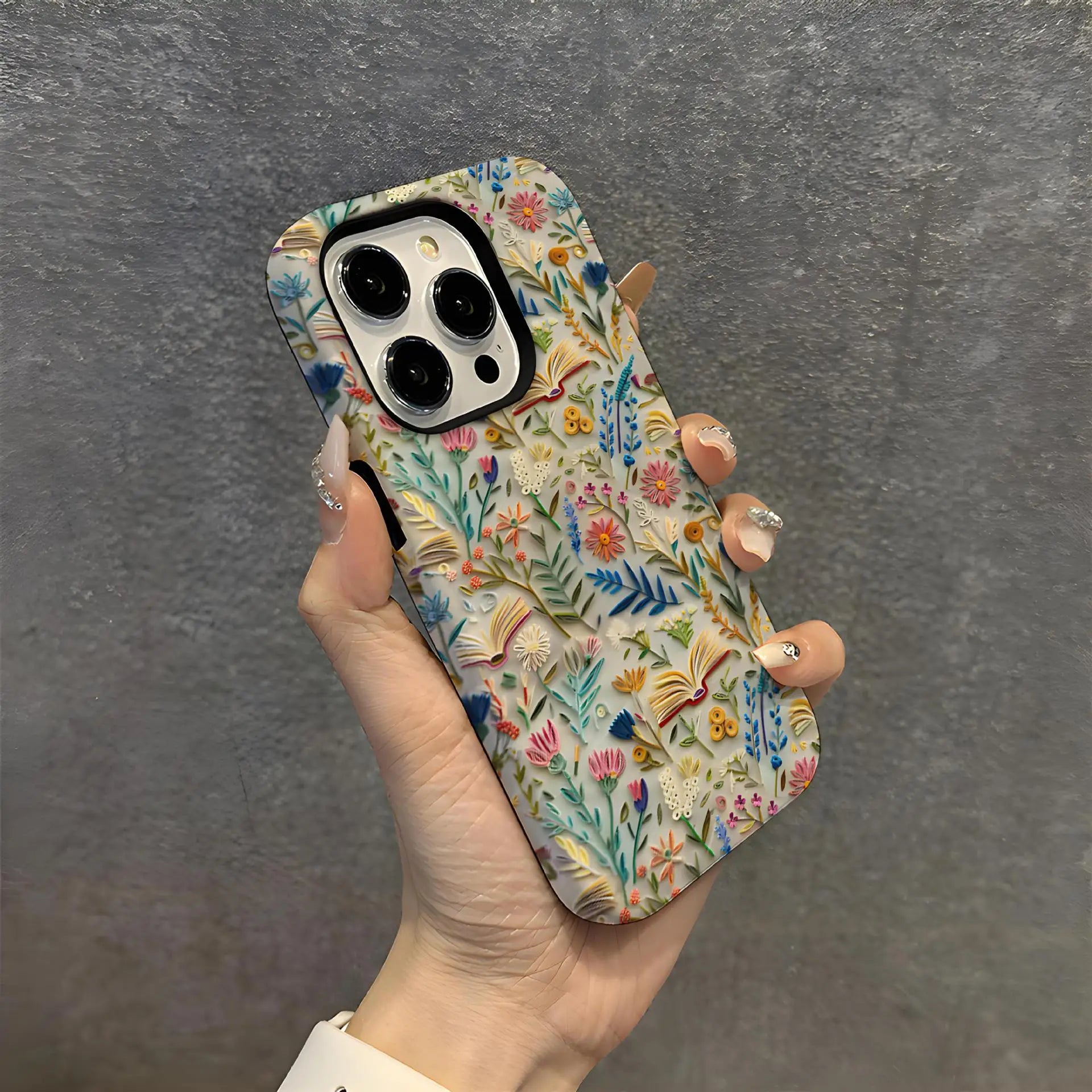 Romantic Wildflower Boho Embroidery Phone Case for iPhone 16 15 Pro Max Plus – 2 in 1 Hard Protection