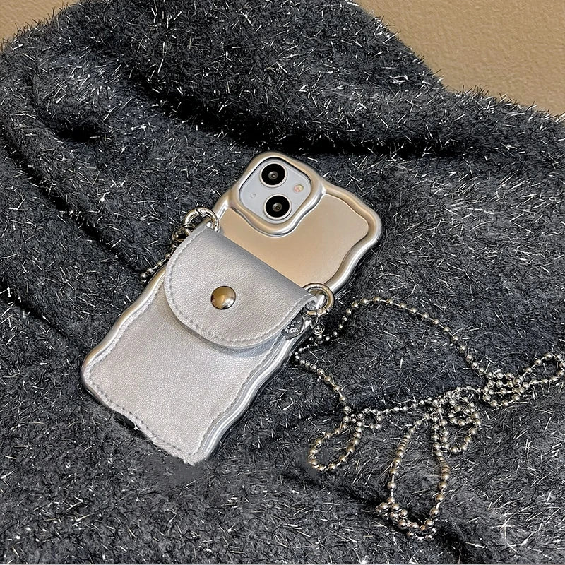 Luxury Glossy Pearl Lanyard Mini Bag For iPhone 14 13 Pro Max TPU Korea Lady Lens Protection Anti-Drop Soft Cover