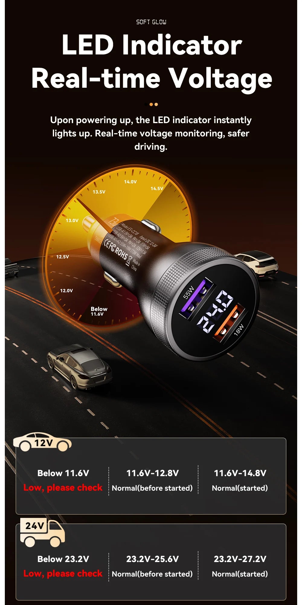 73W USB C Car Charger PD 3.0 QC 4.0 Fast Charging Dual Port Type C + USB Adapter