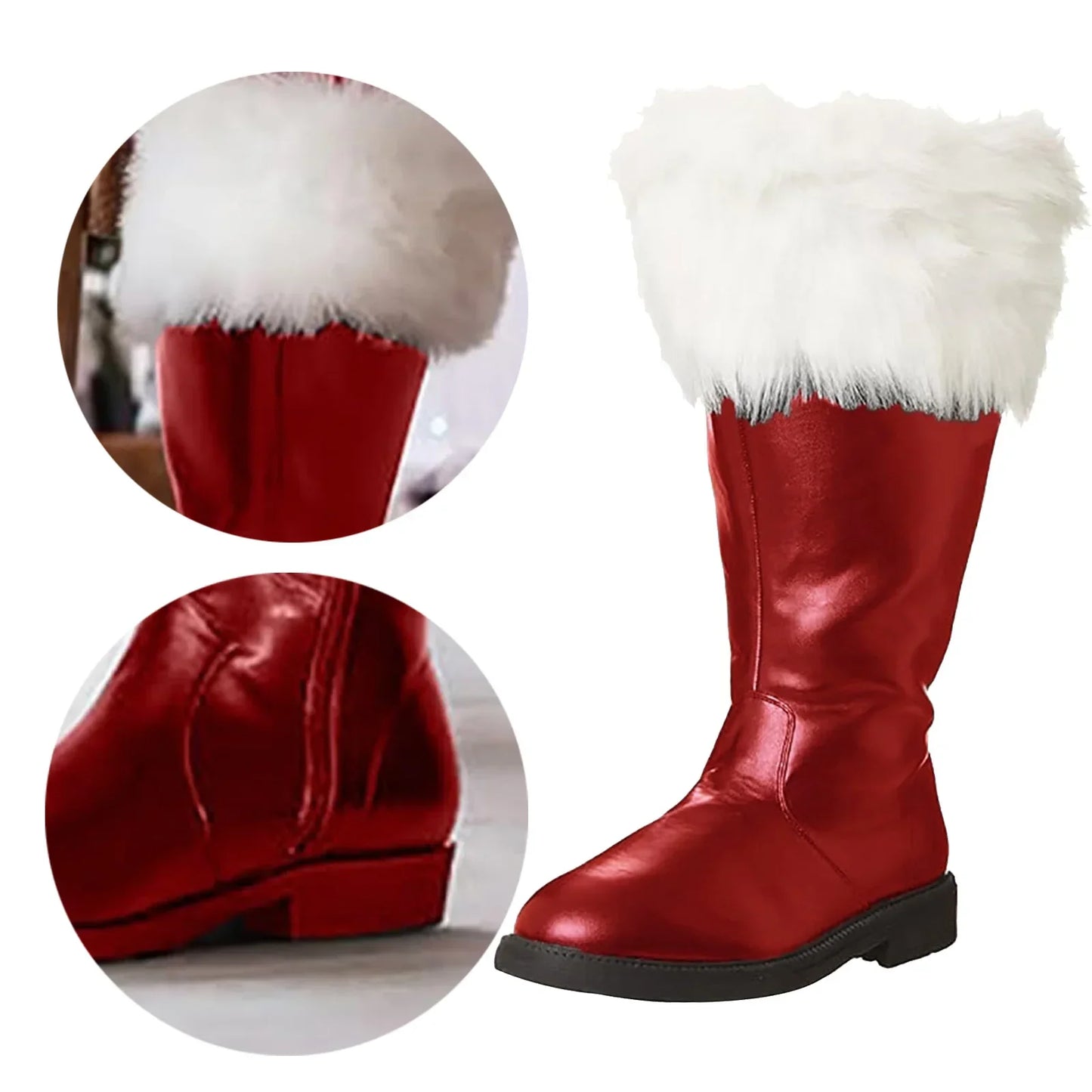 Christmas Santa Claus Boots Cosplay Black Leather Shoes White Plush Cuffs Foot Halloween Christmas Winter Boots