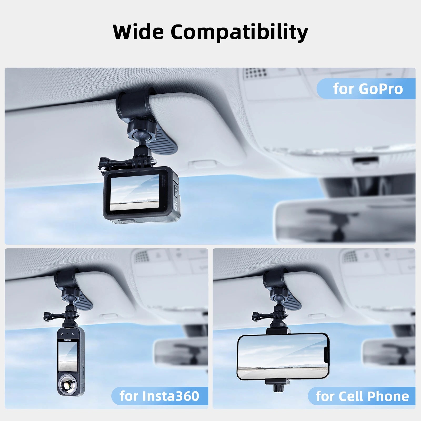 Car Sun Visor Camera Mount with Phone Clip for Cell Phone for GoPro Hero 12 11 10 9 8 for Insta360 X3 One X2 Accessories